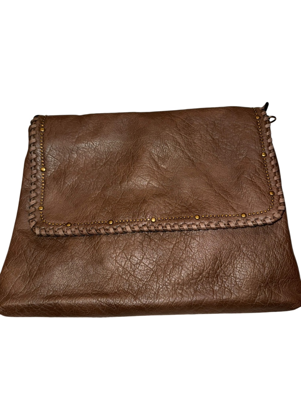 Brown Leather Studded Zip Clutch